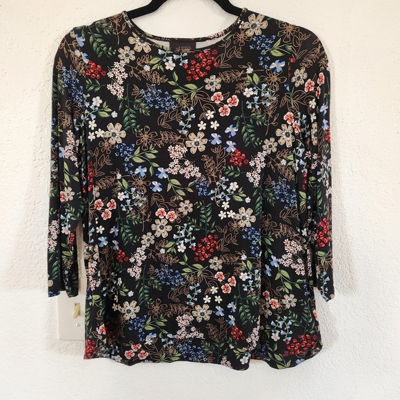 J. Jill Tops - J. Jill Spring Black Floral Print Women's Top Stretchy T Shirt Boho Cottagecore